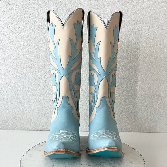 Stylish Cream and Blue Heeled Boots - Picture 5 of 12